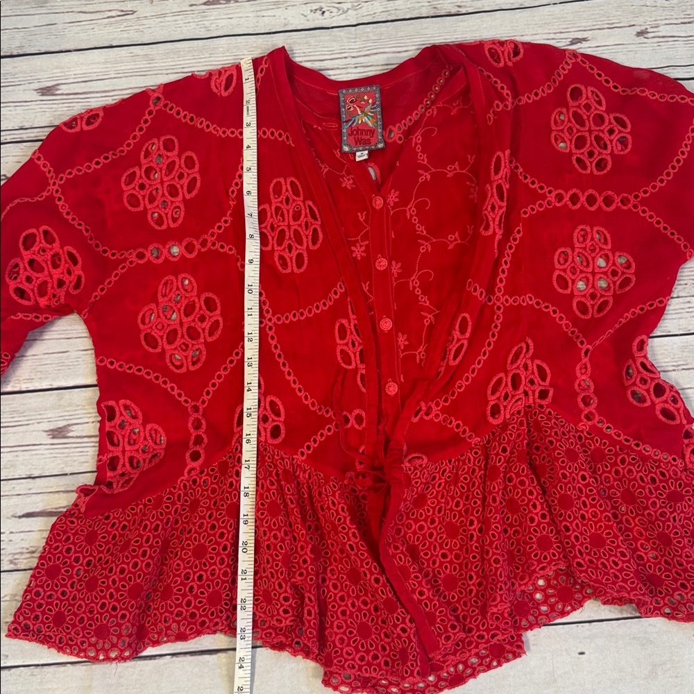 JOHNNY WAS XANTHOS RAE BLOUSE Embroidered Frilly Eyelet Red Sz Medium - Picture 12 of 13